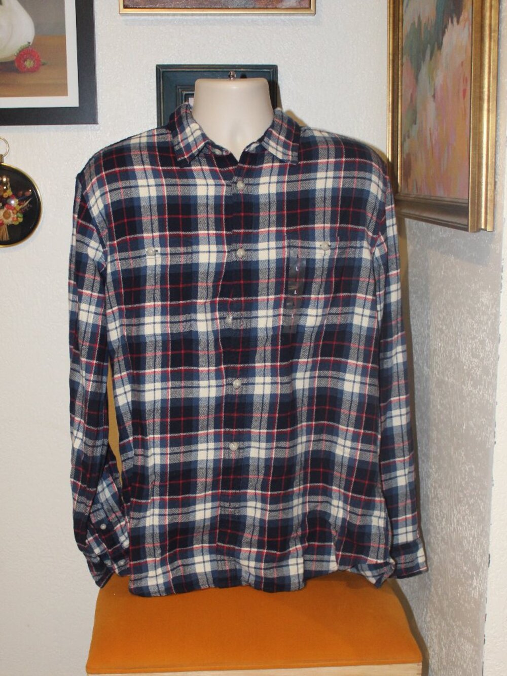 Sonoma Men’s Large Plaid Flannel Shirt Blue Red White Button Up NWT